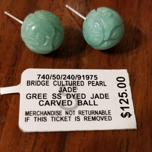 Green Dyed Jade Carved Ball Stud Earrings by R.H. Macy & Co. Fine Jewelry NWT - Picture 5 of 8